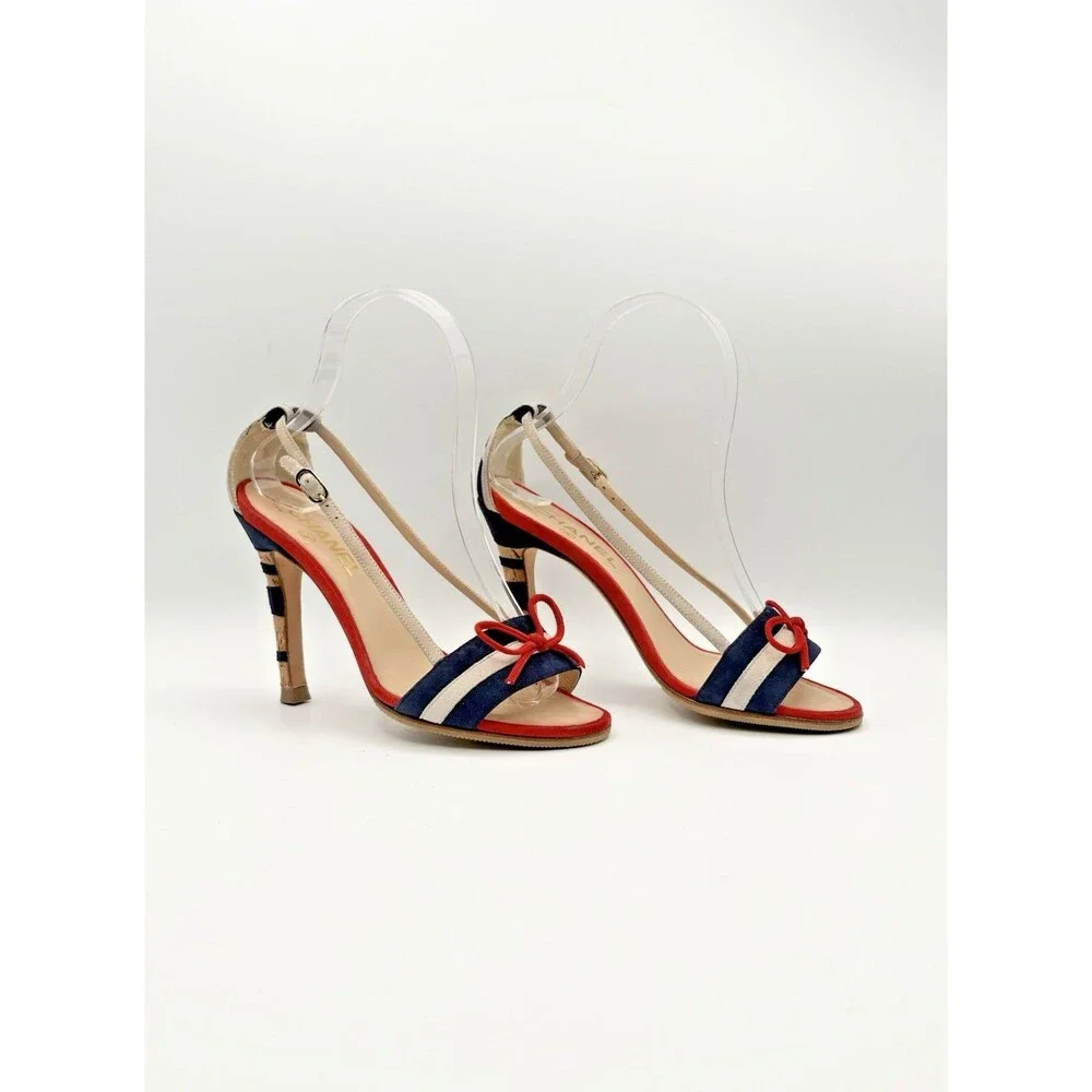 Chanel Navy & Red Suede & Cork Striped Sandals CC Logo Heel Nautical Size EU 36